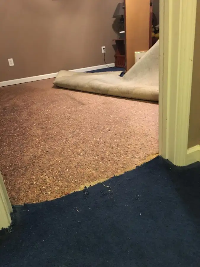 Carpet pad removal revealing water damage during Drying & Dehumidification in Stone Mountain
